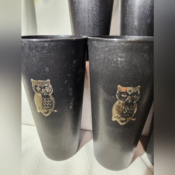 Six MCM Nasco Japan Black 12 Ounce Tumblers With Gold Owl Motif #1072 - Picture 2 of 12